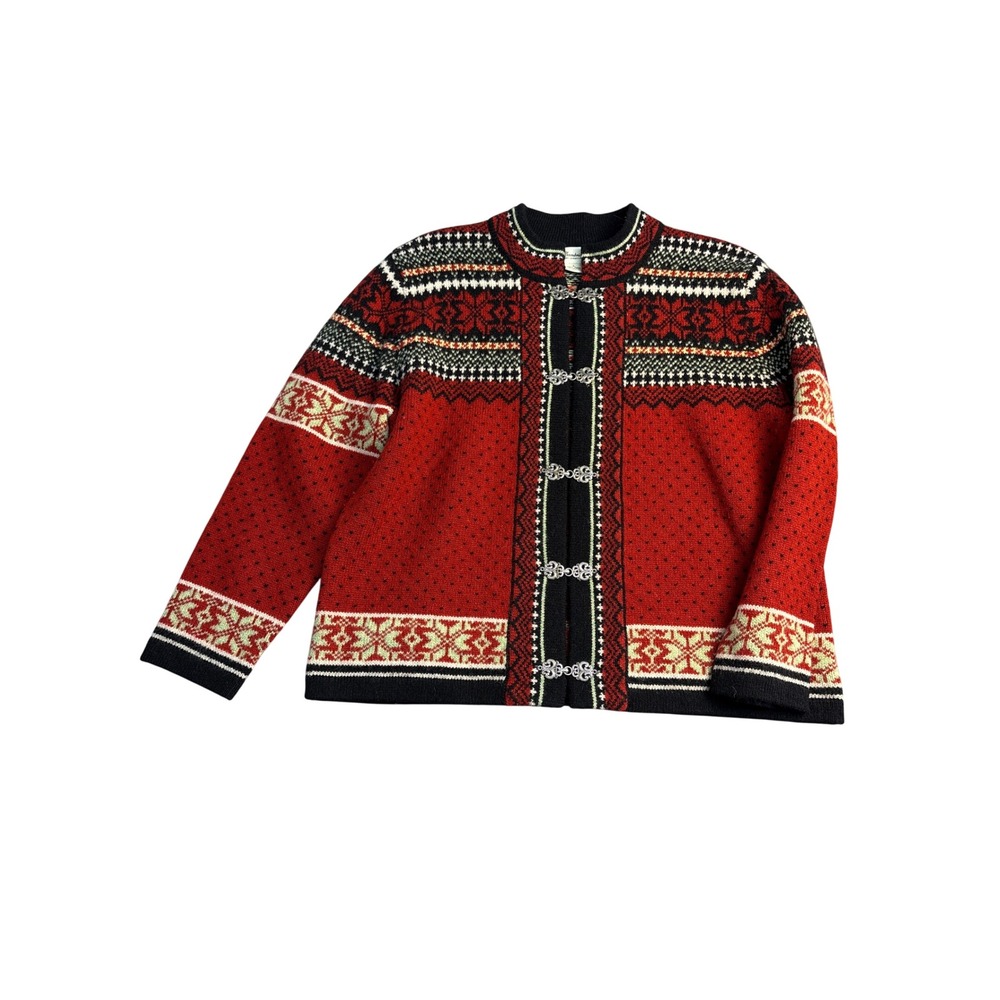 Cambridge Dry Goods Wool Nordic Fair Isle Cardigan Red Metal Clasp Sweater L